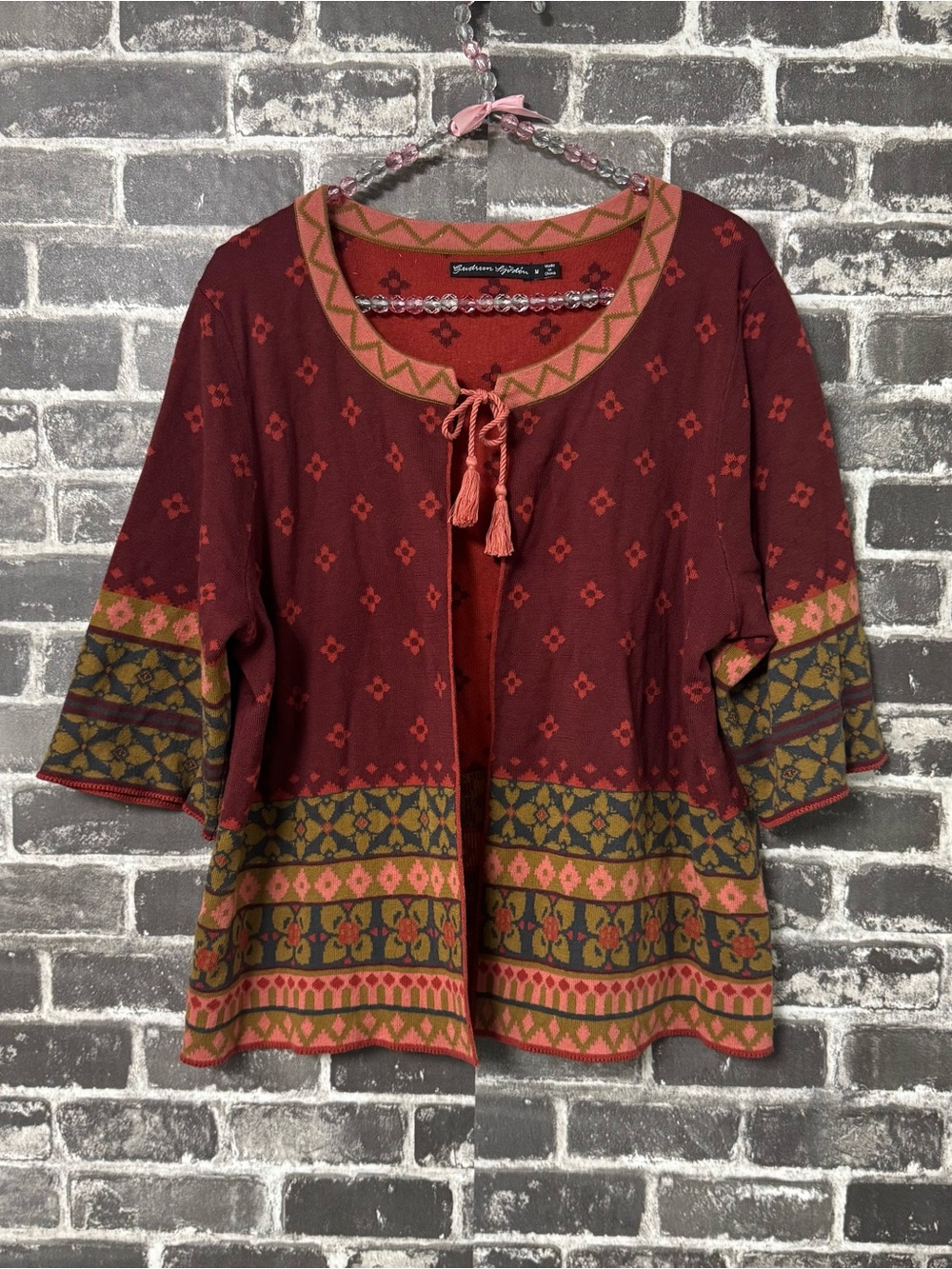 Gudrun Sjoden cardigan neck tie sweater maroon orange fall
